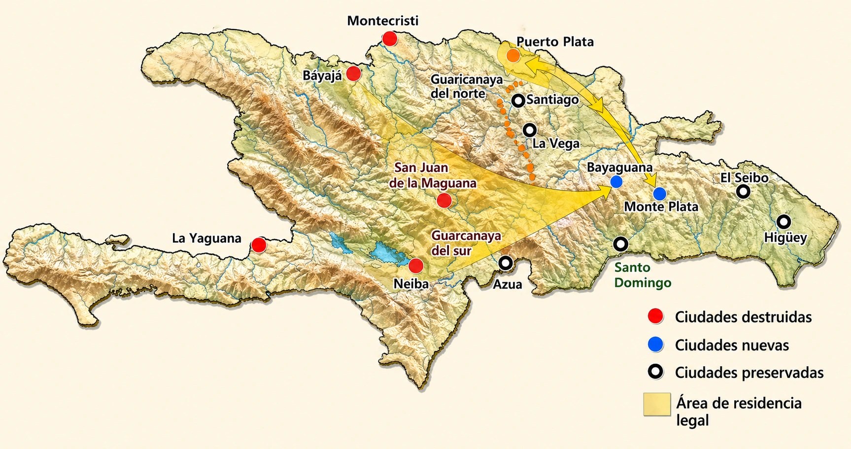 Mapa de La Hispaniola tras las Devastaciones de Osorio: el oeste deshabitado dio origen a Saint-Domingue (hoy Haití)