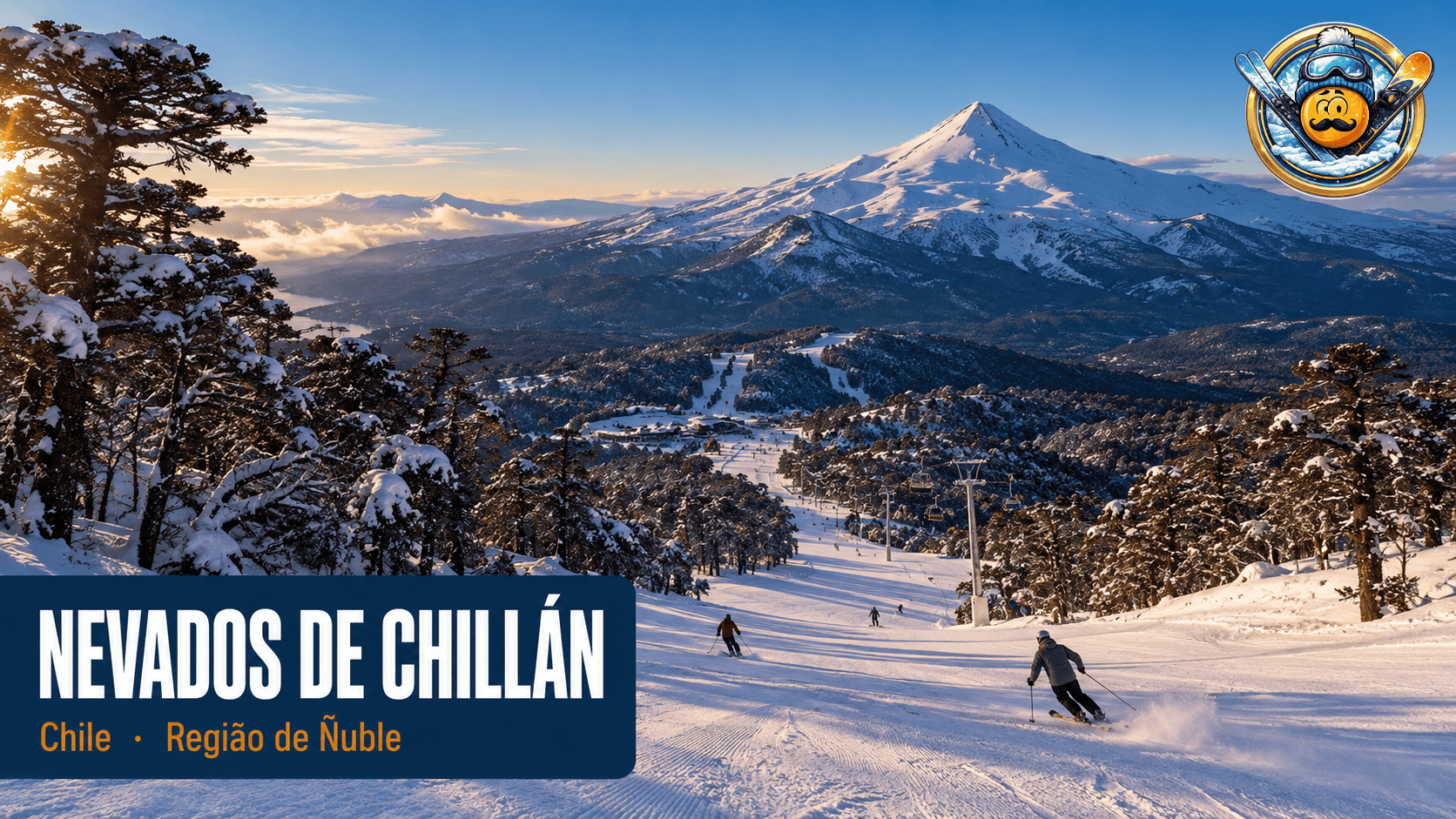 Pistas de esqui de Nevados de Chillán descendo entre bosques nevados, com o vulcão ao fundo, no inverno chileno.