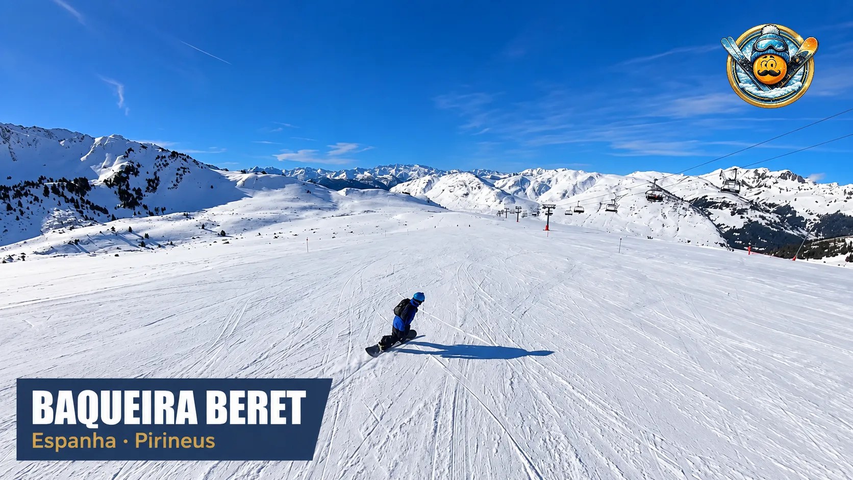 Pistas de esqui de Baqueira Beret, nos Pirineus catalães, com montanhas nevadas ao fundo em dia de sol