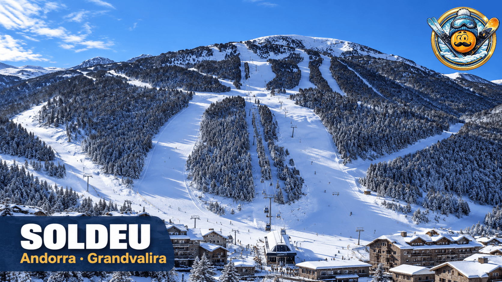 Pistas de esqui de Soldeu, na Grandvalira, em Andorra, com a telecabine e os hotéis da vila em dia de sol