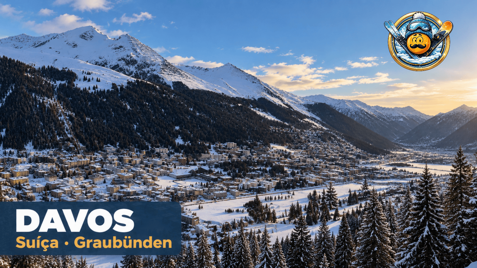 Snowboarder descendo pista de esqui com a cidade de Davos, na Suíça, ao fundo do vale