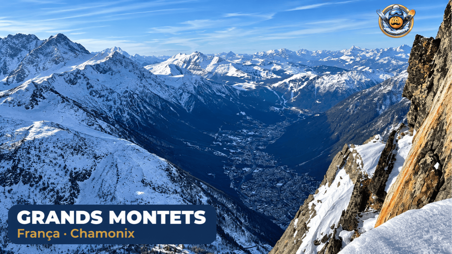 Pistas de esqui dos Grands Montets, em Argentière, no vale de Chamonix, com montanhas e glaciares ao fundo