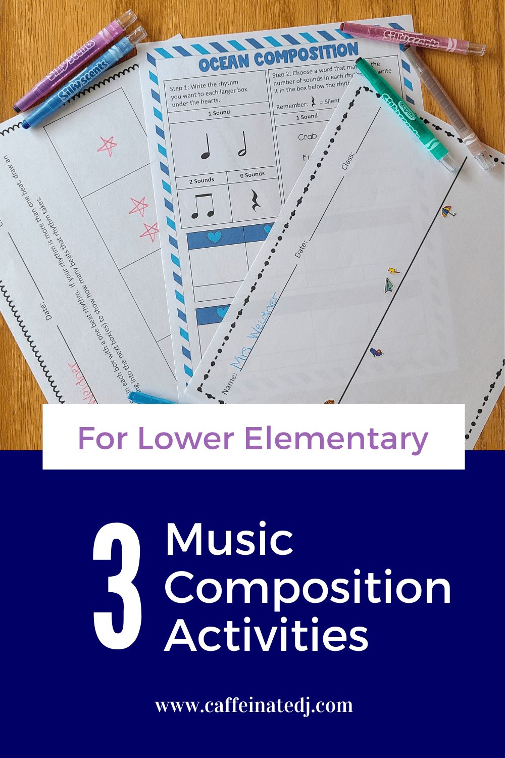 Picture of three of the worksheets included in the free composition activities guide discussed in the blog post
