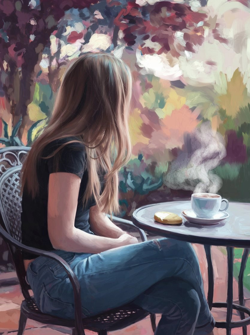 Ellie at the patio table