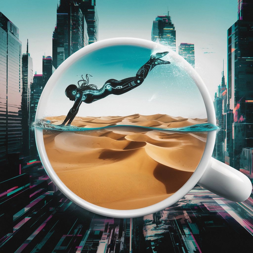 Surreal image of a figure diving into a coffee cup desert.