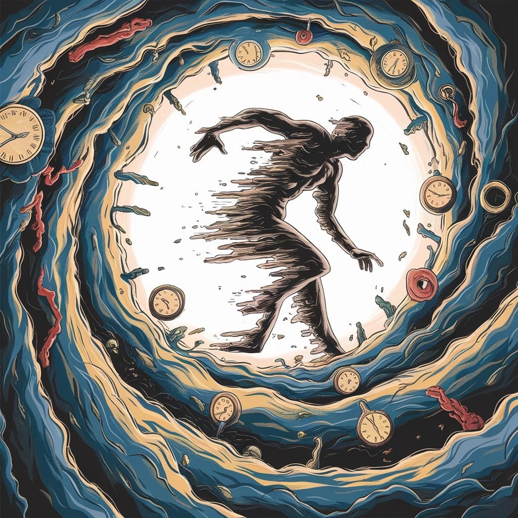 A stylized figure emerges from the center of a swirling vortex of time, with fragmented clocks and debris floating around. The figure appears partially disintegrated, as if being torn apart by the swirling forces of time. The color palette features muted blues, yellows, and reds, creating a sense of movement and chaos, symbolizing the disintegration of time and self.