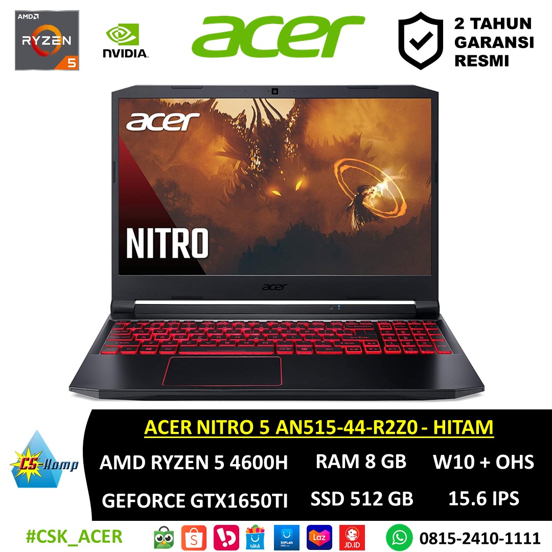 ACER NITRO AN515-44-R2Z0 HITAM Ryzen 4600H RAM 8GB 512GB SSD  GTX 1650Ti RGB Keyboard W10 OHS IPS