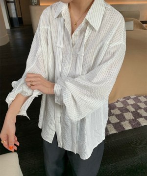 莫代爾肌理感凹凸布料飄帶條紋襯衫