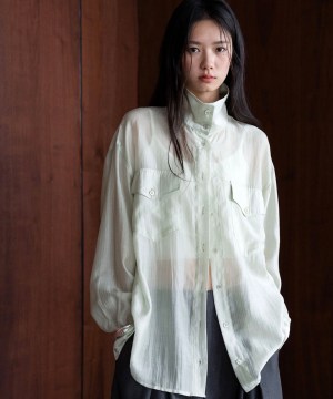 立體口袋暗條紋透感襯衫：圖片 5