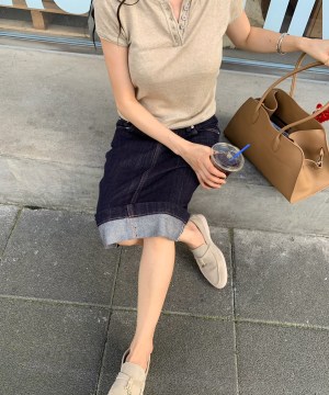 下卷邊設計感原色單寧裙：圖片 7
