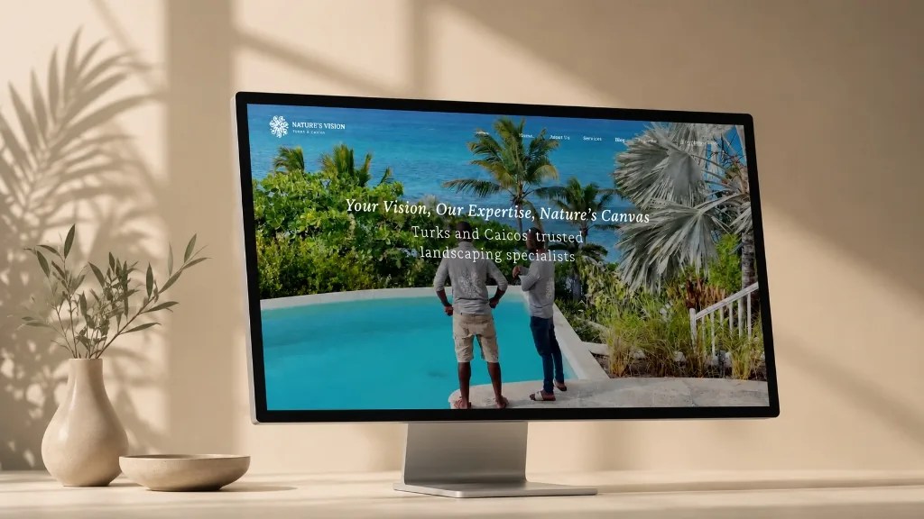 Desktop monitor studio display showing custom luxury website design for Nature's Visions Turks and Caicos on minimalist warm desk