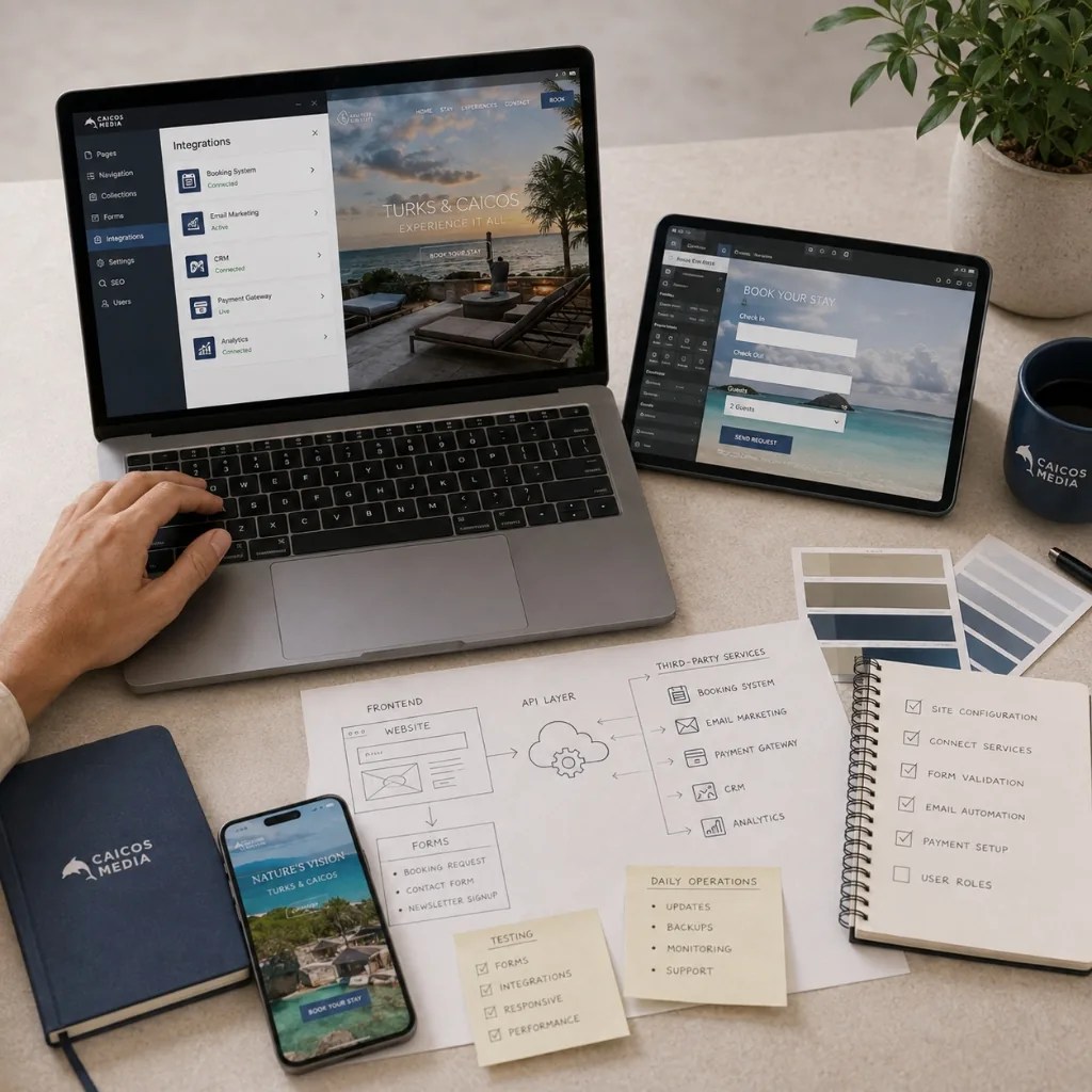 Web development and third-party integrations setup showing booking engine modal, API architecture diagram, payment gateway, and testing checklist