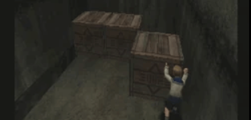 A child is seen attempting to move two wooden crates in a dimly lit space.
