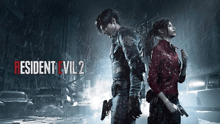 A dramatic scene from 'Resident Evil 2' featuring two characters standing back to back in the rain, one in a police uniform holding a gun, and the other wearing a red jacket.