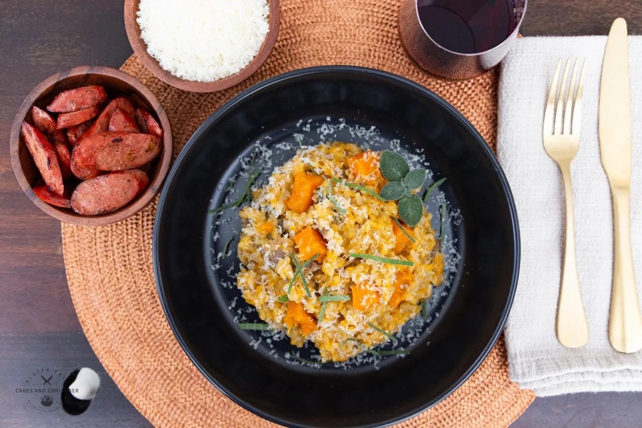 Overhead Place setting of Plated Butternut Squash Risotto