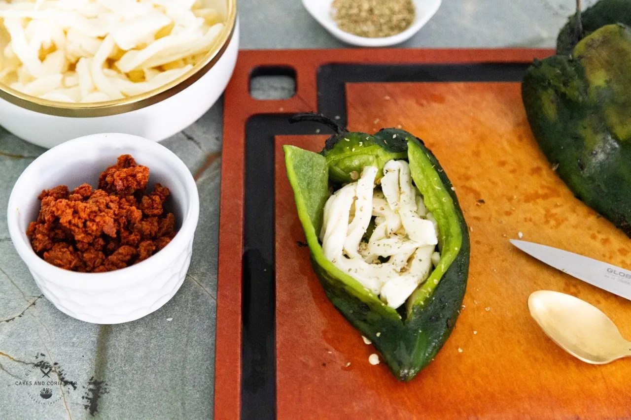 oaxacan cheese stuffed poblanos with chorizo