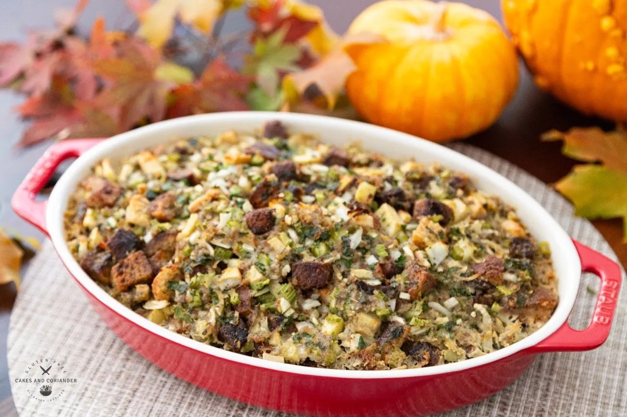 nice shot of sausage stuffing with croutons apples and herbs
