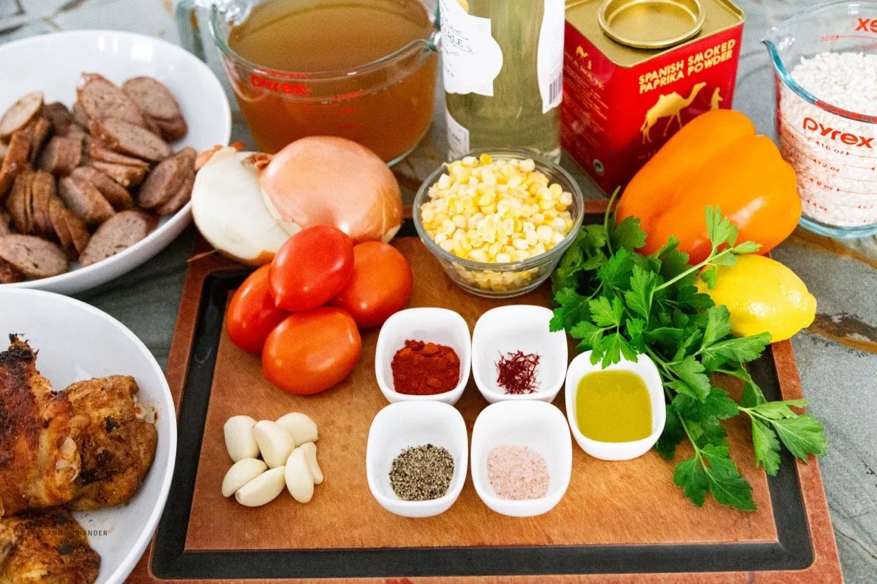 Ingredients for paella, valencia rice, spanish rice