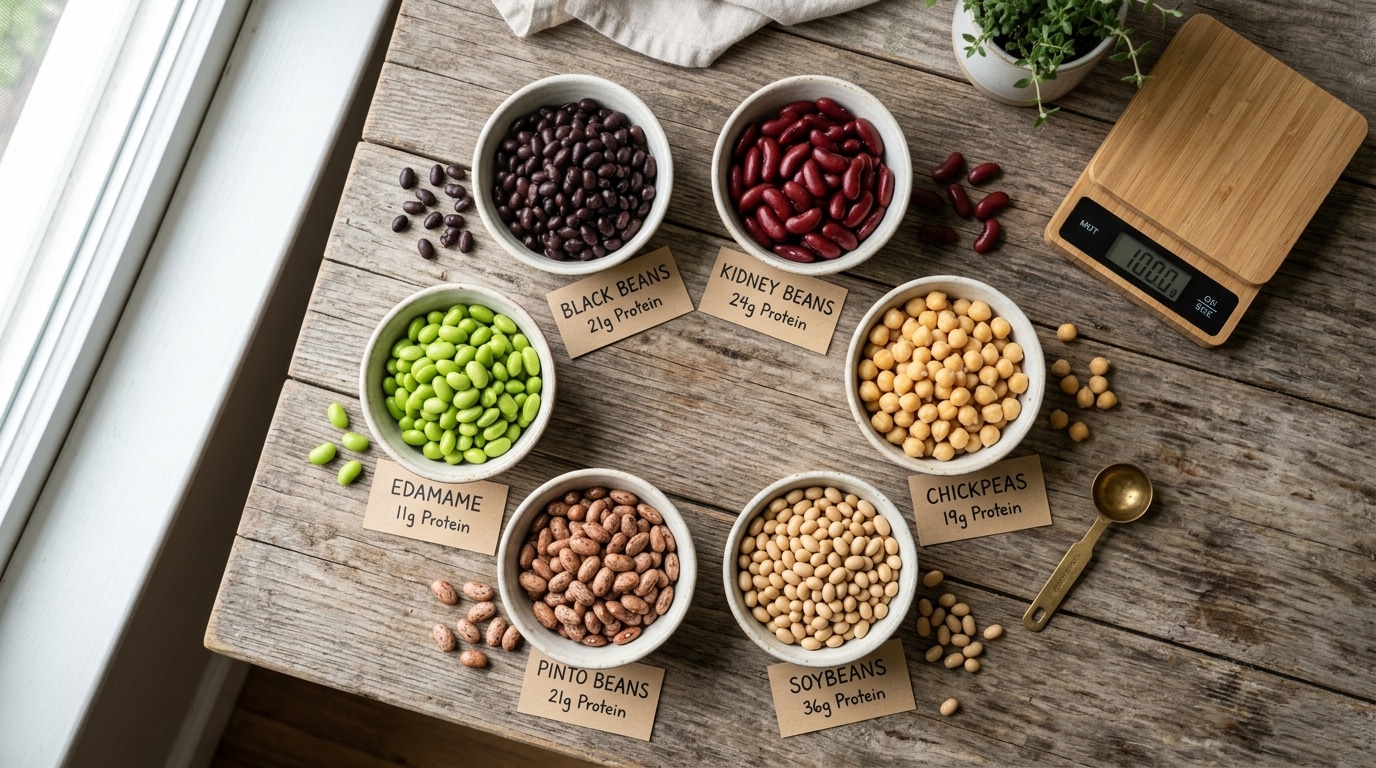 Bowls of different cooked beans showing beans protein per 100g comparison for black beans, kidney beans, chickpeas, and soybeans
