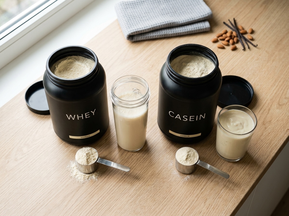 Casein vs whey protein powder side by side comparison with scoops and shaker bottle