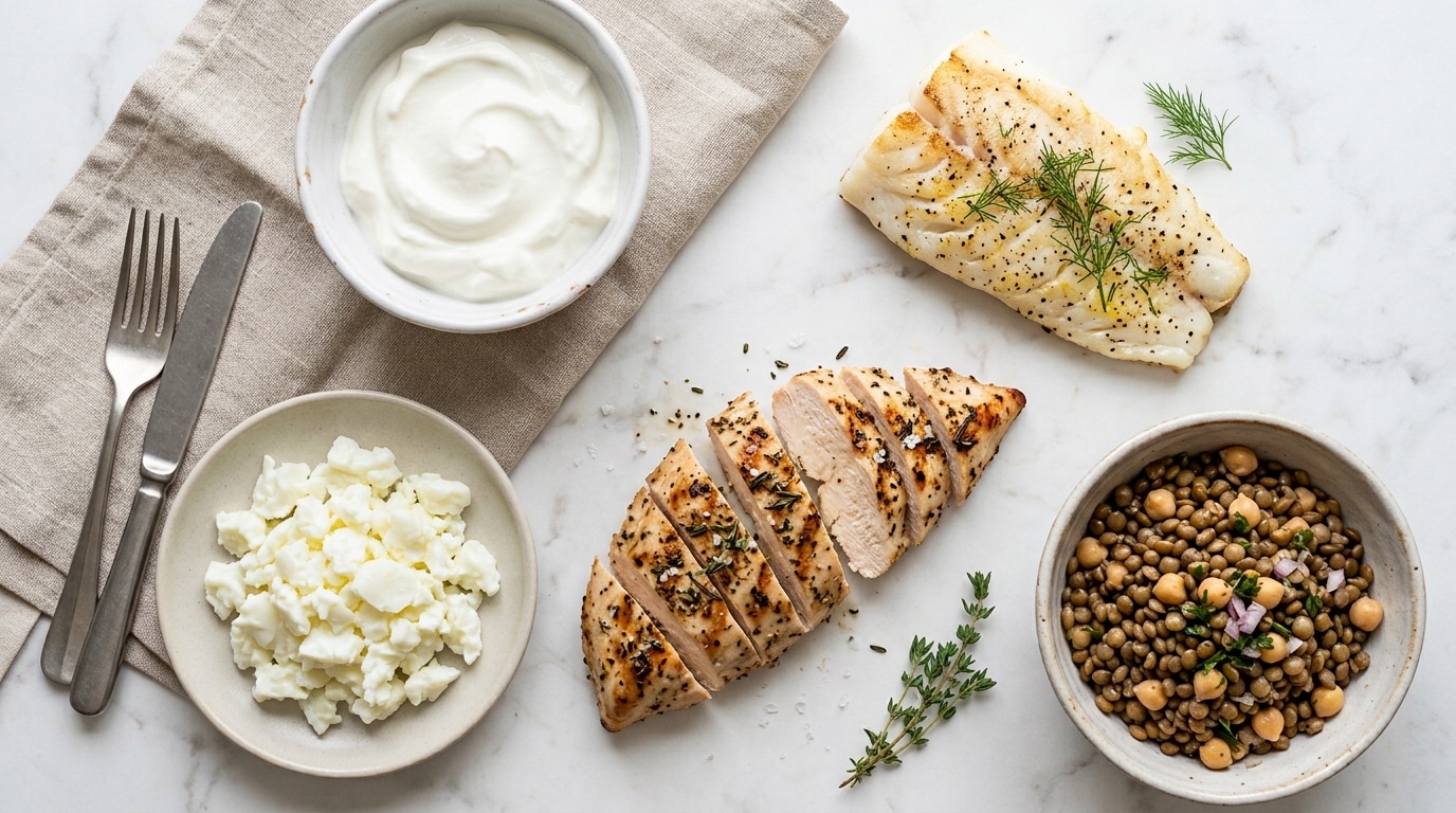 Assortment of lean protein foods including chicken breast, white fish, egg whites, Greek yogurt, and lentils on a white surface