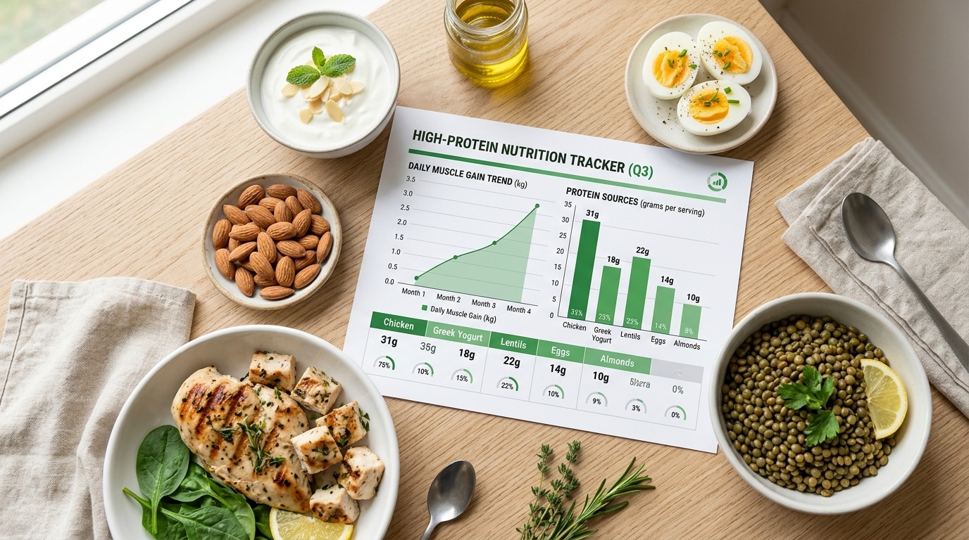 protein intake statistics 2026 infographic with charts and high protein foods