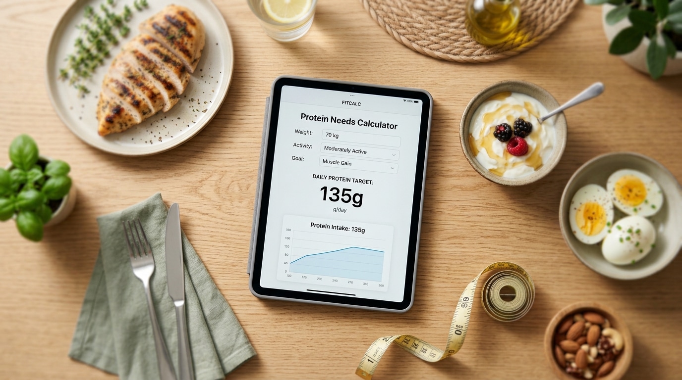 Protein needs calculator showing a personalized daily protein target next to high-protein foods like chicken, eggs, and Greek yogurt