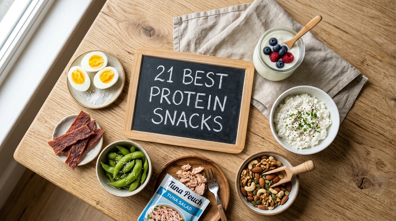 21 best protein snacks including Greek yogurt, cottage cheese, eggs, and jerky arranged on a table