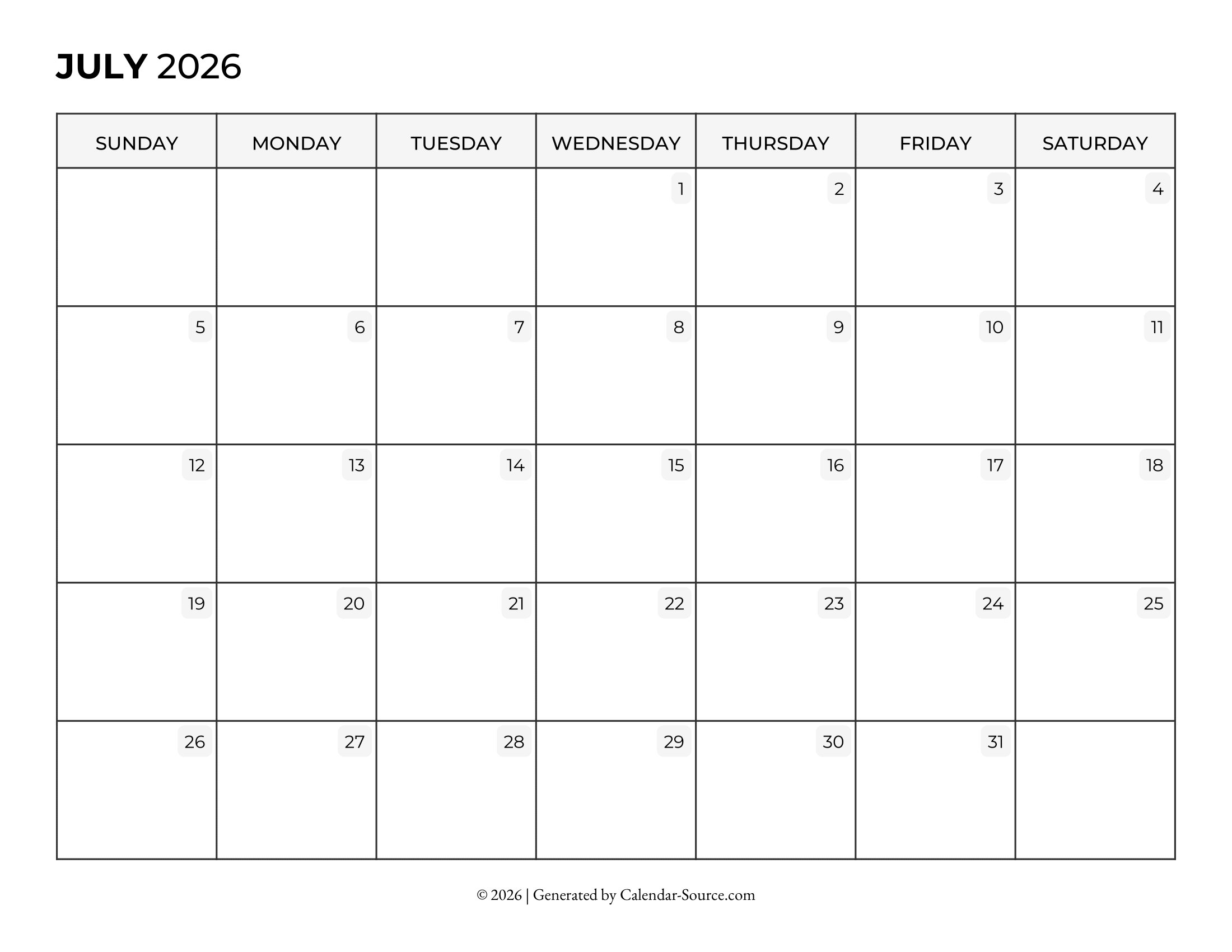 July 2026 Calendar Printable July 2026 Calendar Printable