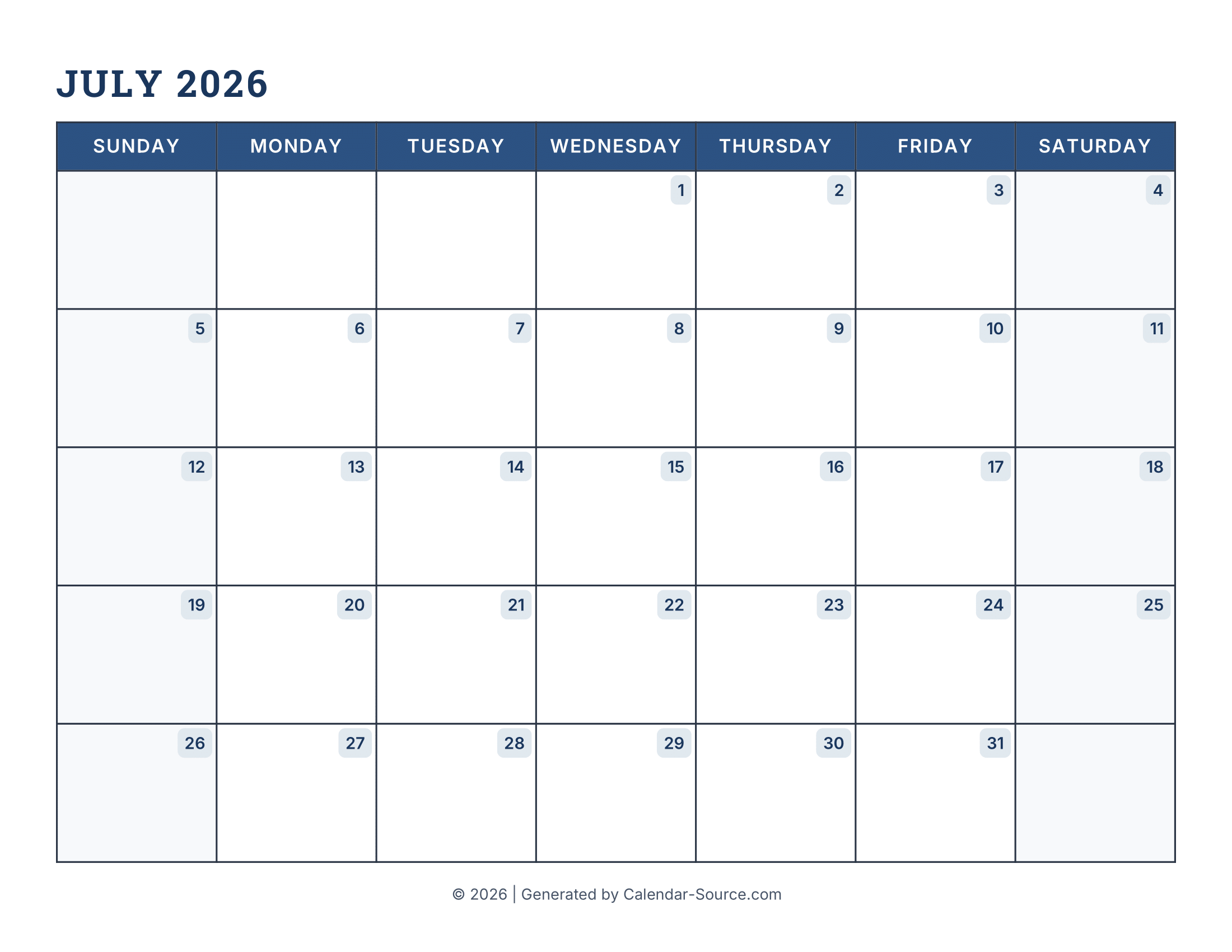 July 2026 Calendar Printable July 2026 Calendar Printable