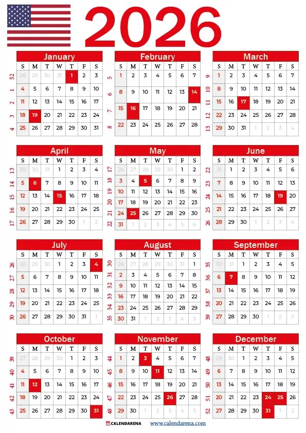 Free Printable 2026 Calendar With Federal Holidays 2026 Calendar