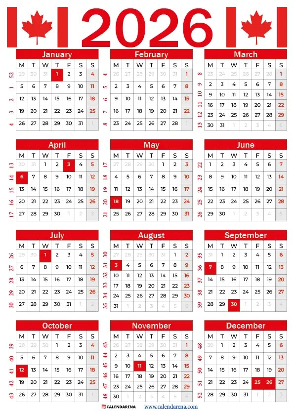 Printable 2026 Calendar Canada Free PDF Canada Calendar 2026.webp