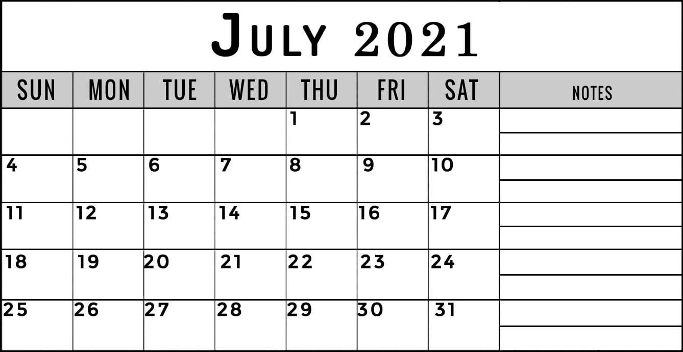 july 2021 calendar with notes section printable template to print events