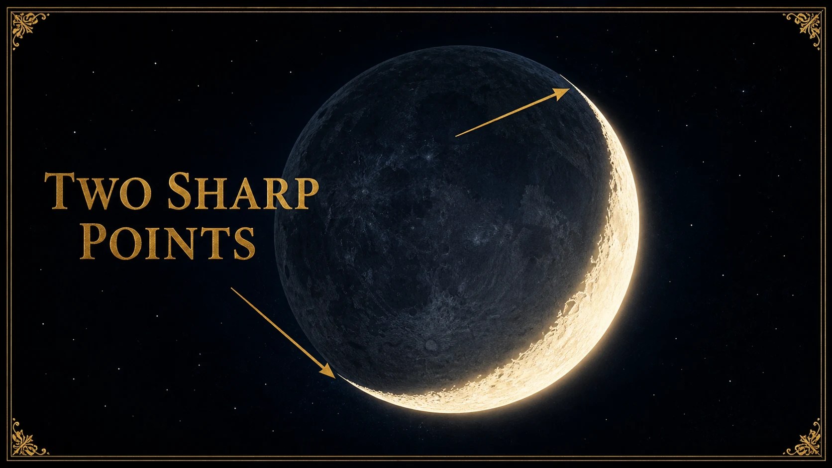 First-visible crescent moon with arrows identifying its two sharp points