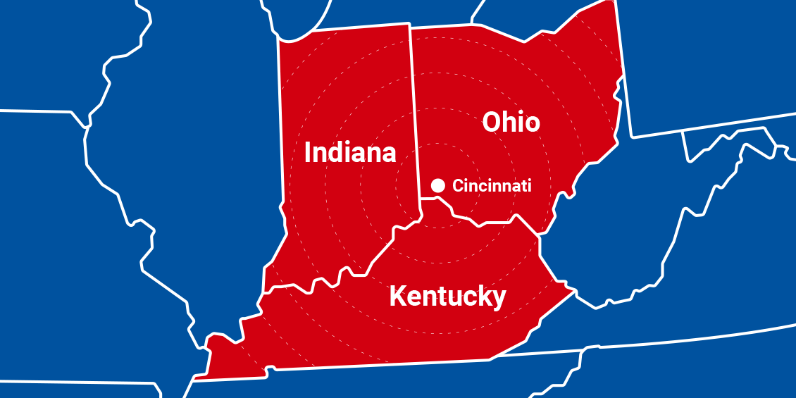 OH KY IN HVAC Service Area Caliguri Heating Cooling Map Service Area Cincinnati Ohio Indiana Kentucky 