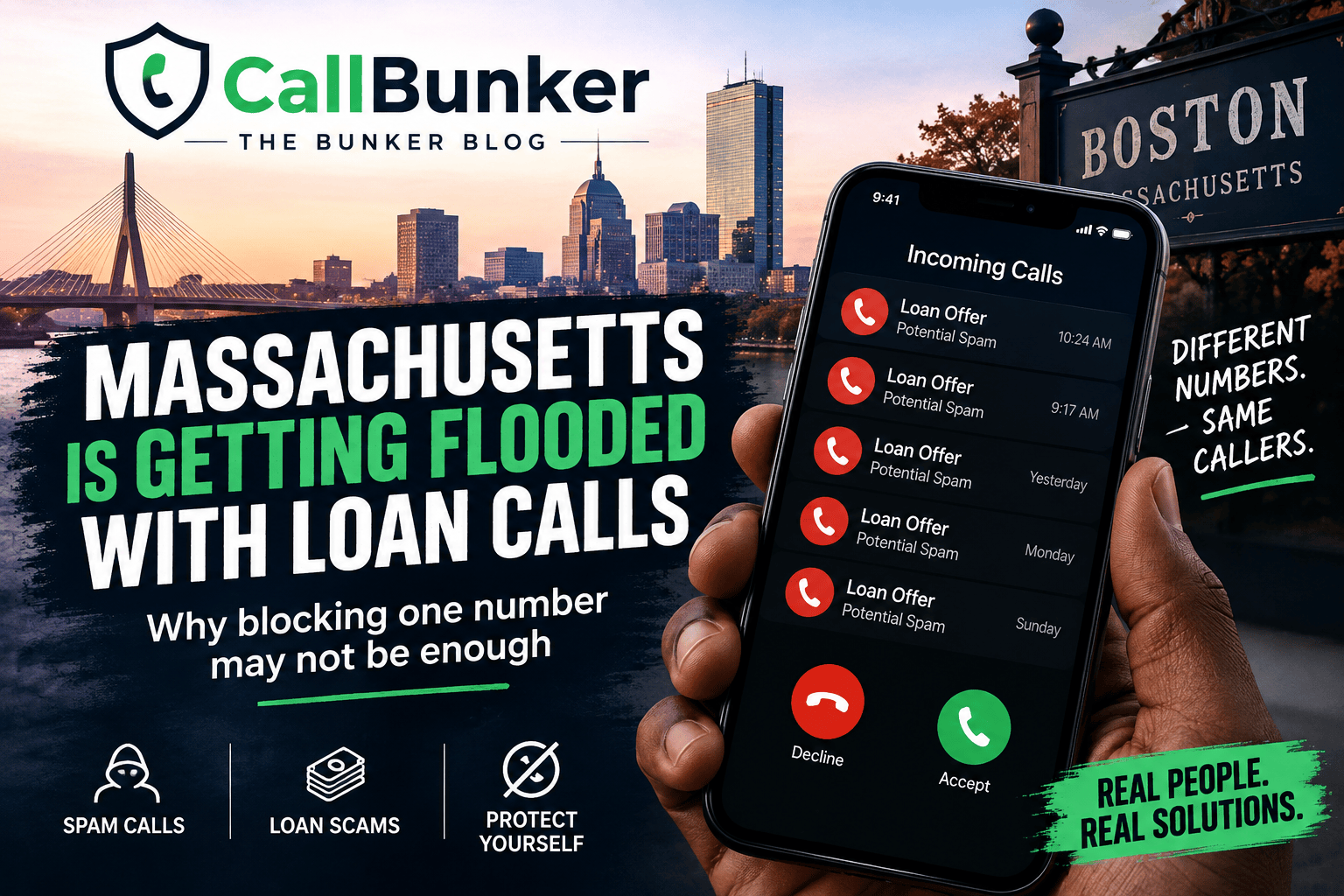CallBunker Bunker Blog feature image about Massachusetts consumers facing repeated loan spam calls from different phone numbers.