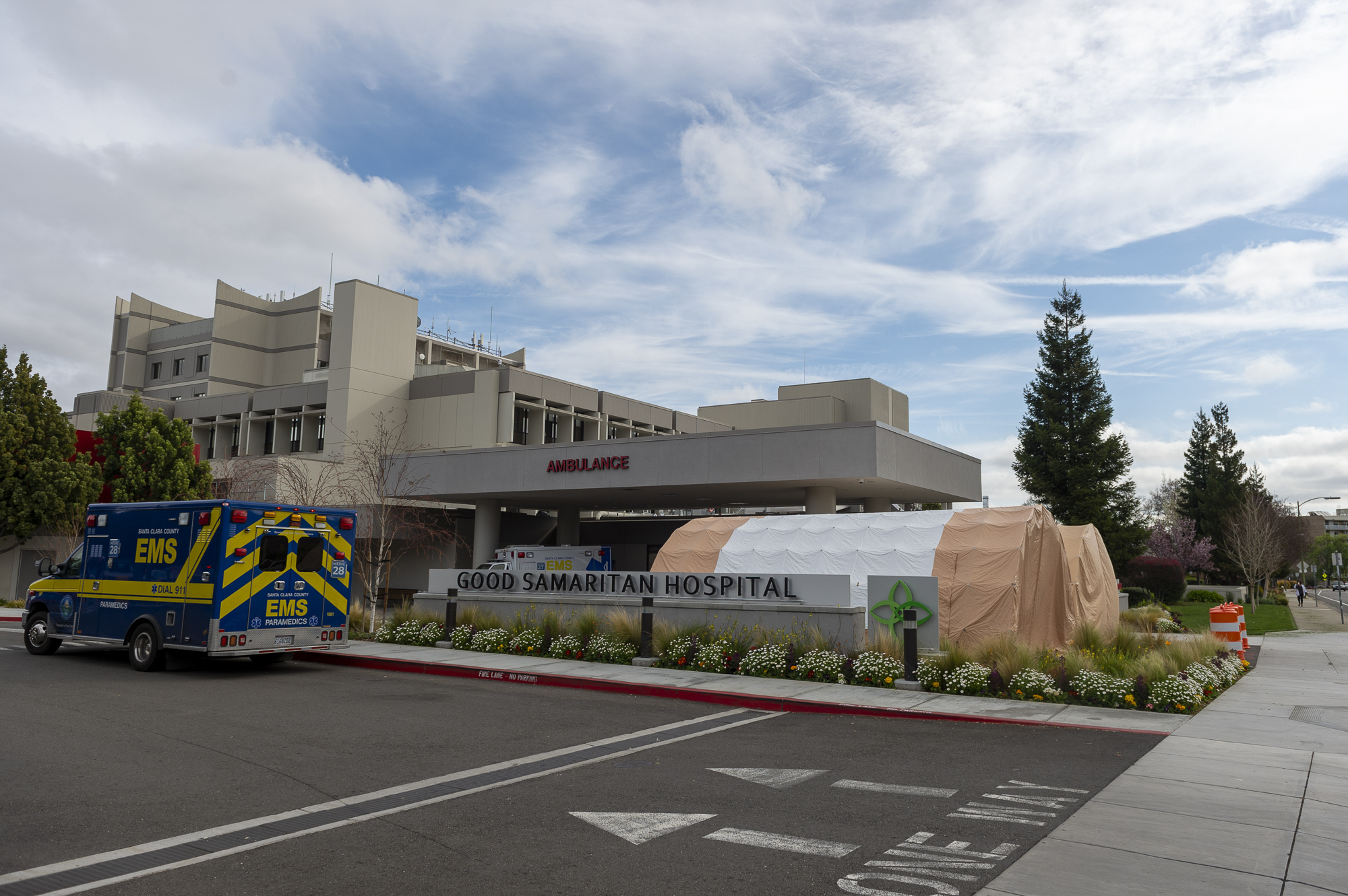 Surge tents are set up in front of the Good Samaritan Hospital in San Jose, California, United States on March 6, 2020. The tents were brought in just in case there is a possible surge in novel coronavirus (COVID-19) cases.