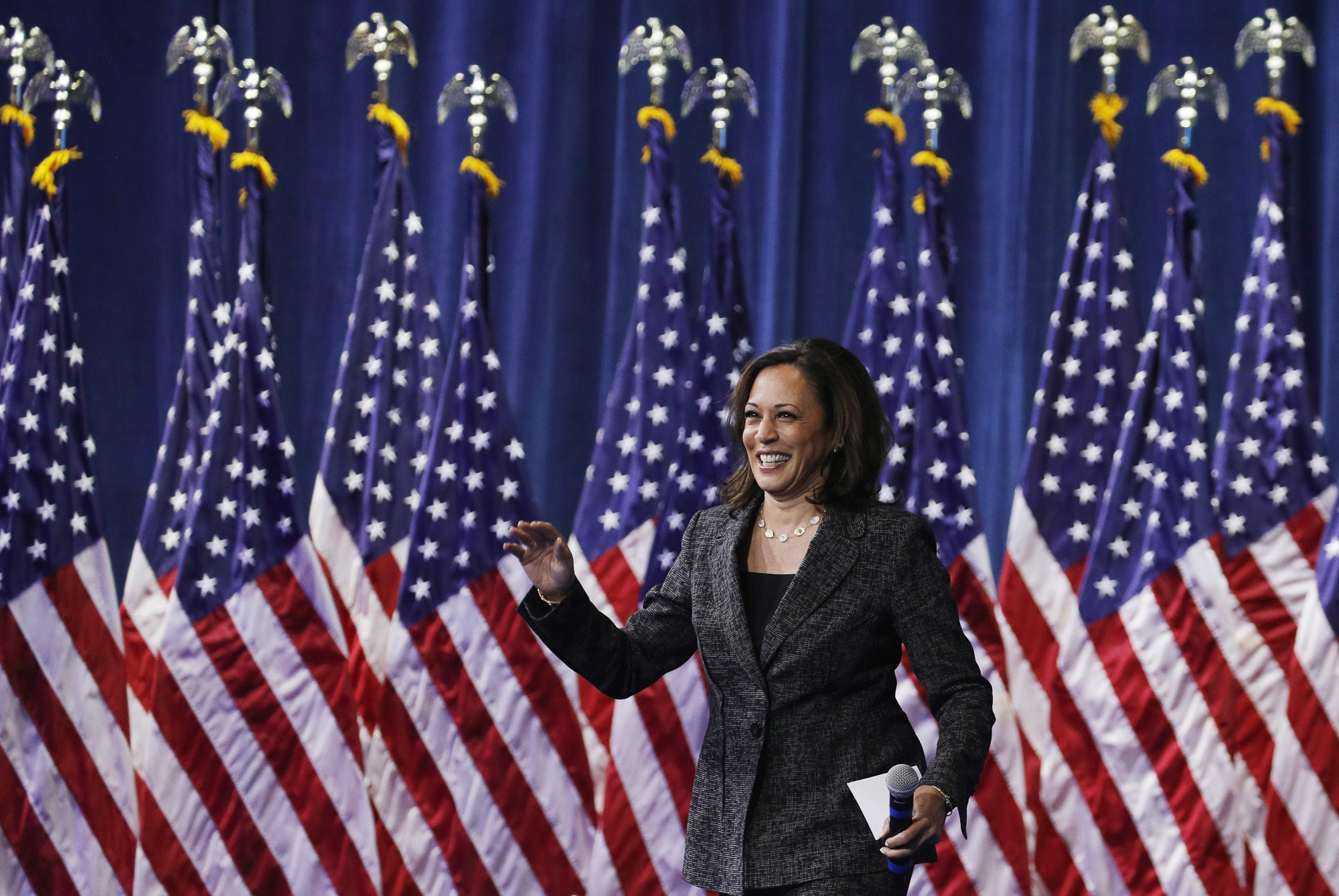 Then democratic presidential candidate Sen. Kamala Harris walks on stage during a gun safety forum, Oct. 2, 2019, in Las Vegas. Today, Joe Biden announced Sen. harris as his running mate. Photo byJohn Locher, AP Photo