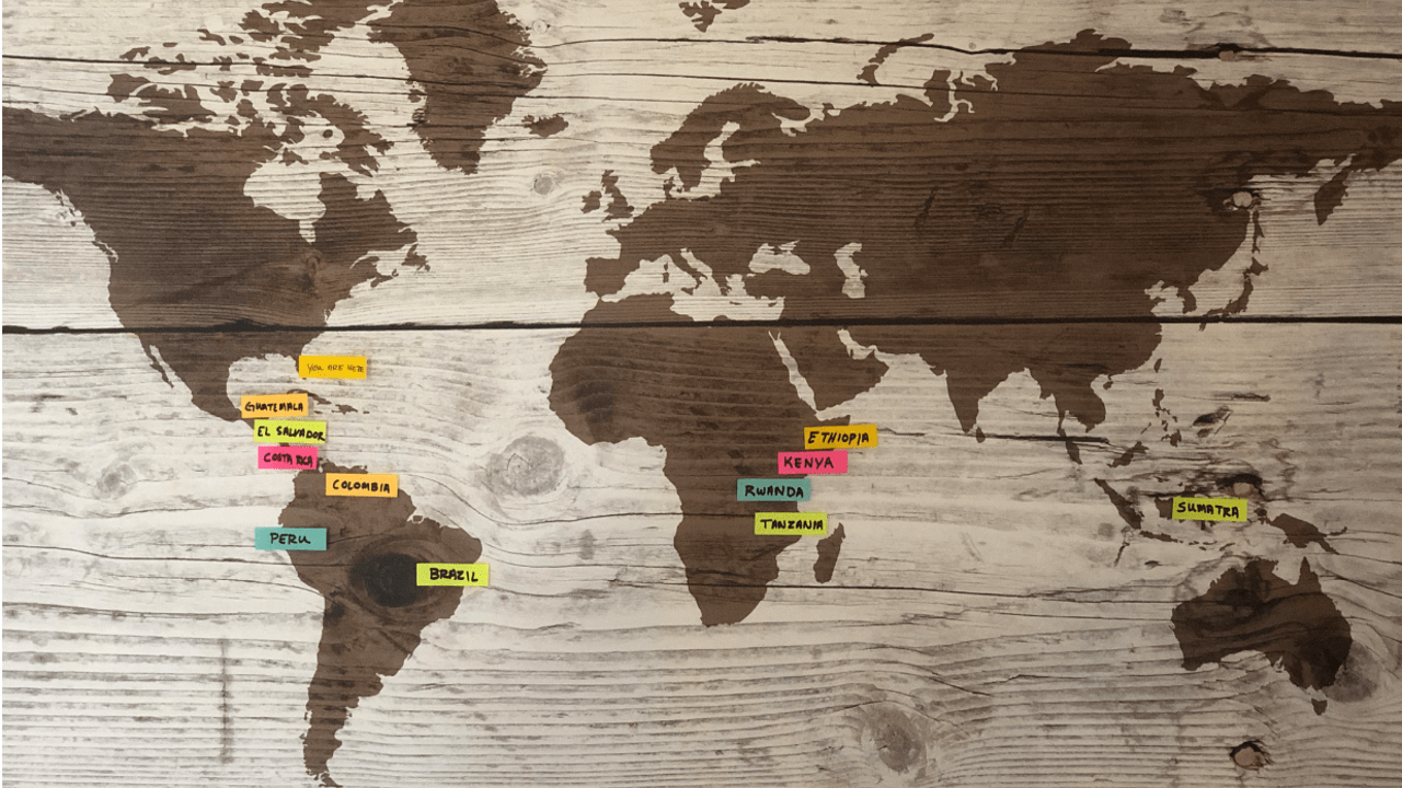 Map of the world with Calusa coffee countries of origin
