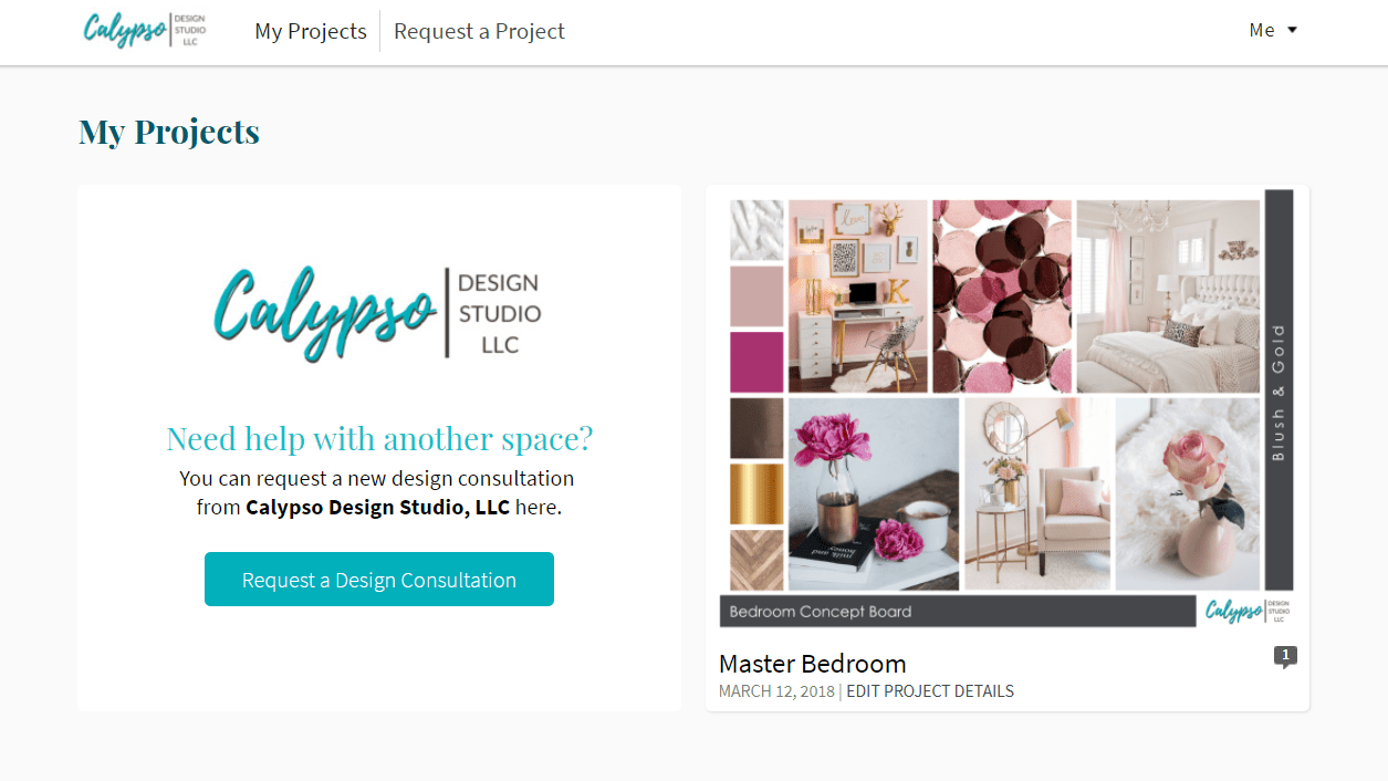 Client view of ongoing projects once logged in - Includes link to request new project