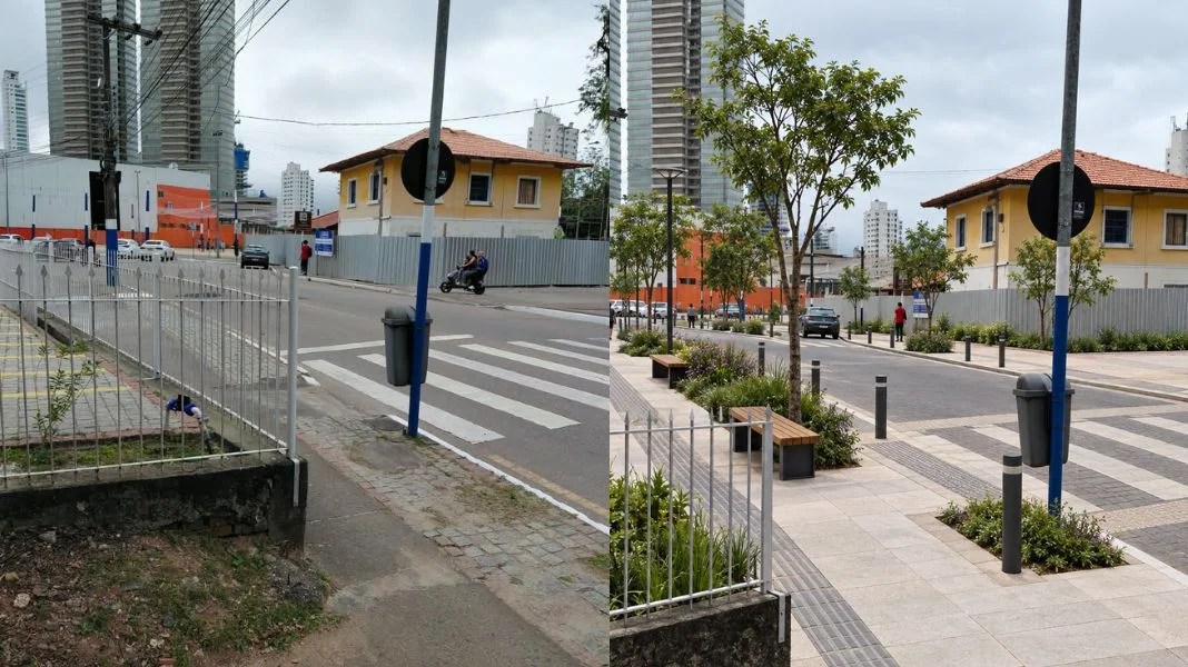 Como é hoje x como pode ficar o local. (Fotos Gabinete Vereadora Jade/Editada com IA, ChatGPT.)
