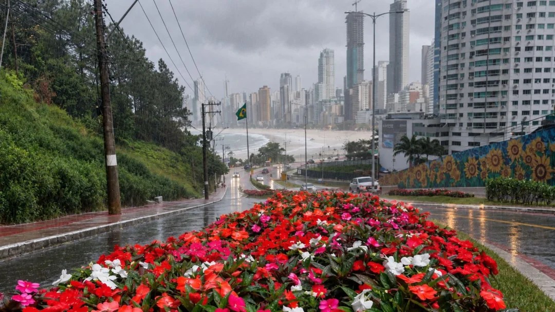 Primavera em Balneário Camboriú deverá ser chuvosa, por conta do El Niño. (Foto editada por IA, com base em imagem da Prefeitura.)