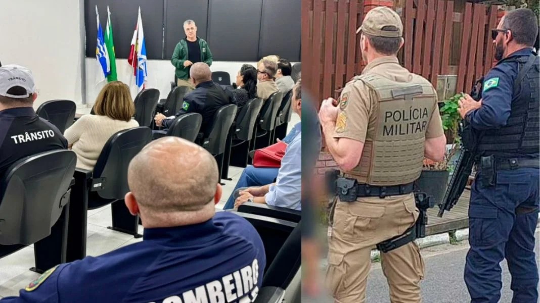 Foto de reunião do Comsep e imagem de operação conjunta da PM e GM em Balneário Camboriú. Crédito PMBC/12BPM.