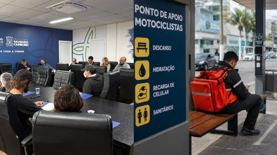 Em reunião na prefeitura, entregadores pedira por ponto de apoio. (Crédito das fotos - PMBC/OpenAI.)