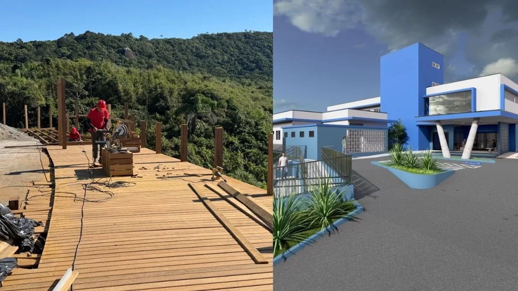 Deck da Praia de Taquarinhas, em construção, será denominado Felipe Domingos Euflorzino e UBS do Nações, que será construída, homenageará Oscar Zeferino. Fotos PMBC.