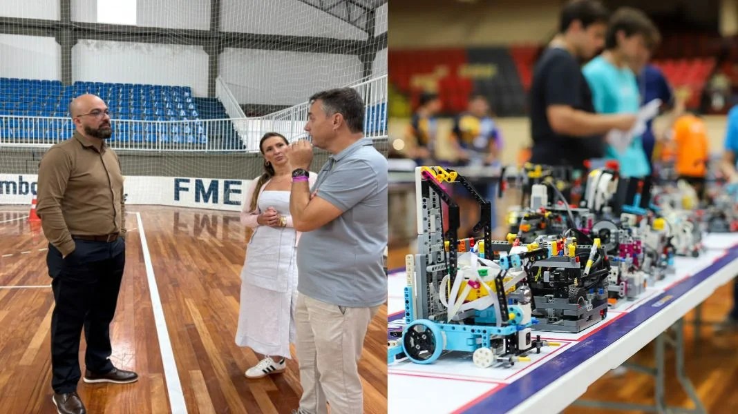 Balneário Camboriú recebeu visita técnica na última semana (E) e evento está confirmado para acontecer na cidade em 2027. Na foto à direita, edição ocorrida em Joinville em 2026. (Crédito PMBC/Robomind)