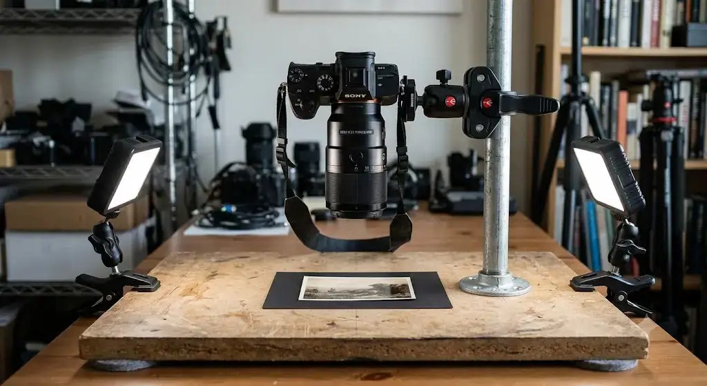 Build a $65 Pipe & Flange Copy Stand Rig. A mirrorless camera and macro lens on a DIY built copy stand.