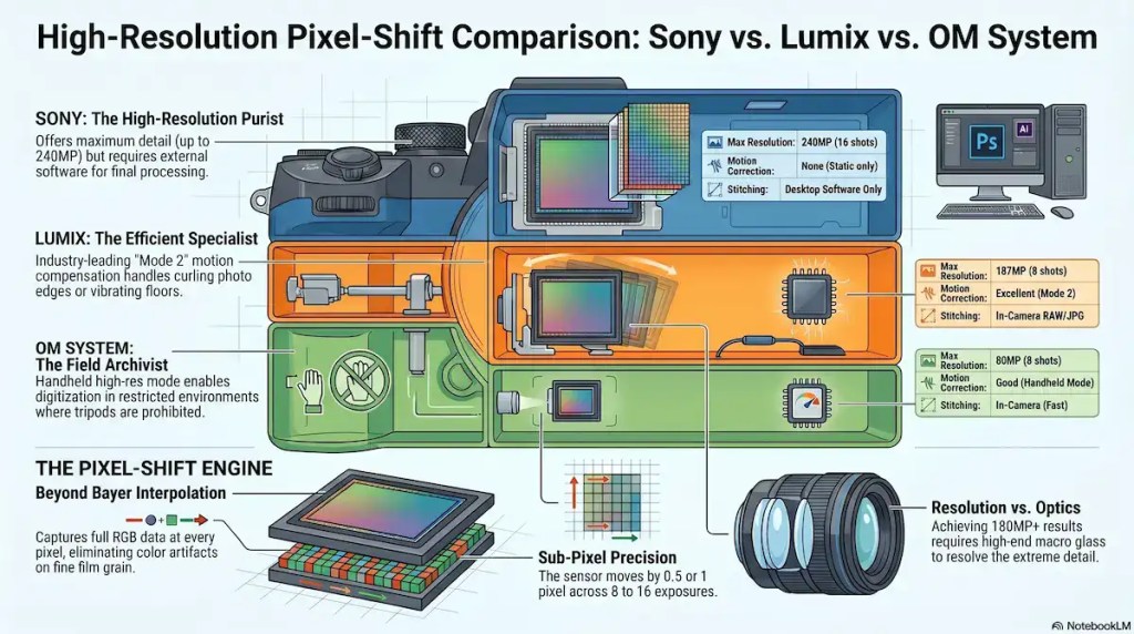 High-Res Camera Mode [Pixel-Shift] Comparison. A NotebookLM infographic demonstrating High-Resolution Pixel-Shift comparisons of Sony, Panasonic Lumix and Olympus OM high definition mirrorless cameras.
