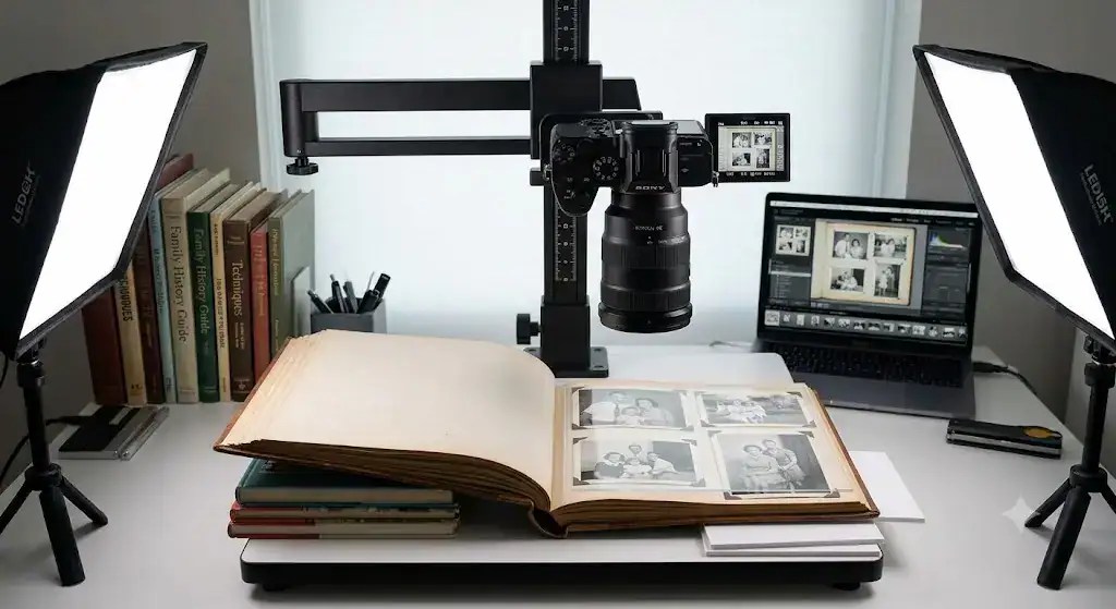 DSLR Scanning Vintage Photo Albums. An example of weighing down the side of the album you are not capturing whilst you photograph the adjacent page.