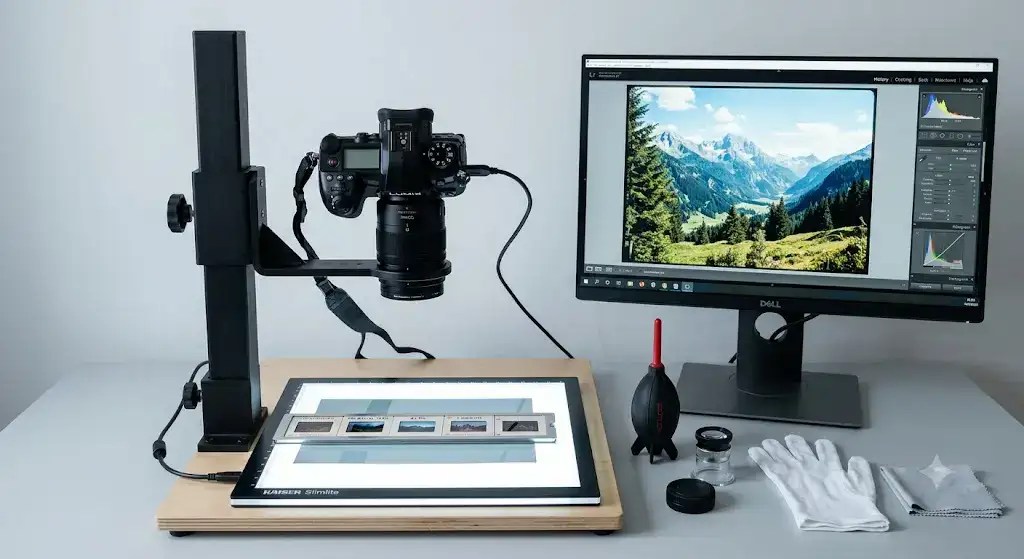 A digital copy stand and camera setup for digitizing.